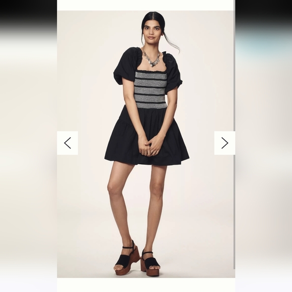 Anthropologie Black Puff-Sleeve Square-Neck Smocked Dress 100% Cotton - Picture 3 of 5